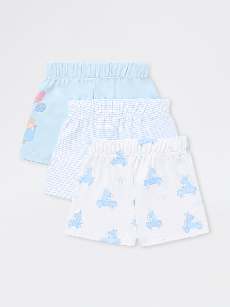 HOP Baby Boys Blue Printed Mid-Rise Cotton Shorts - Pack of 3