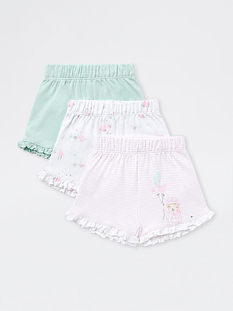HOP Baby Girls Multicolour Printed Cotton Shorts - Pack of 3