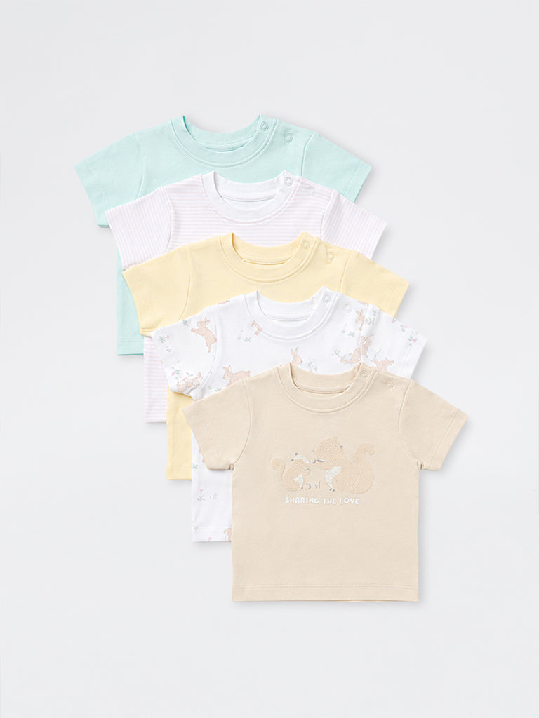 HOP Baby Girls Multicolour Cotton T-Shirts - Pack of 5