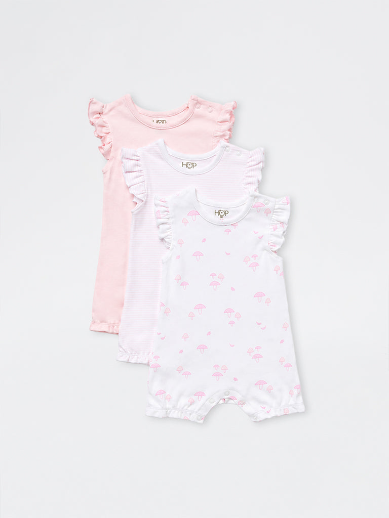 HOP Baby Girls Pink Printed Cotton Rompers - Pack of 3