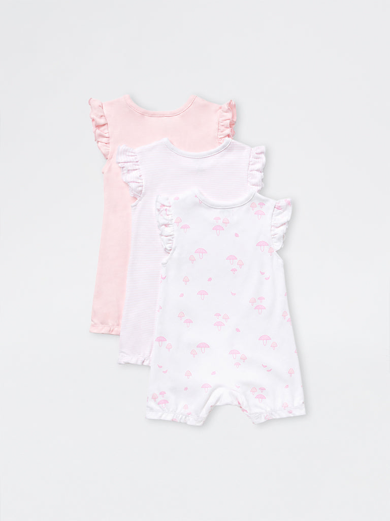 HOP Baby Girls Pink Printed Cotton Rompers - Pack of 3