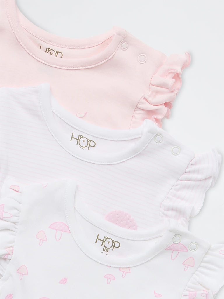 HOP Baby Girls Pink Printed Cotton Rompers - Pack of 3