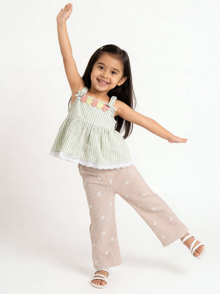 Hop Kids Girls Neutral Embroidered Gingham Check Wide-Leg Cotton Trousers