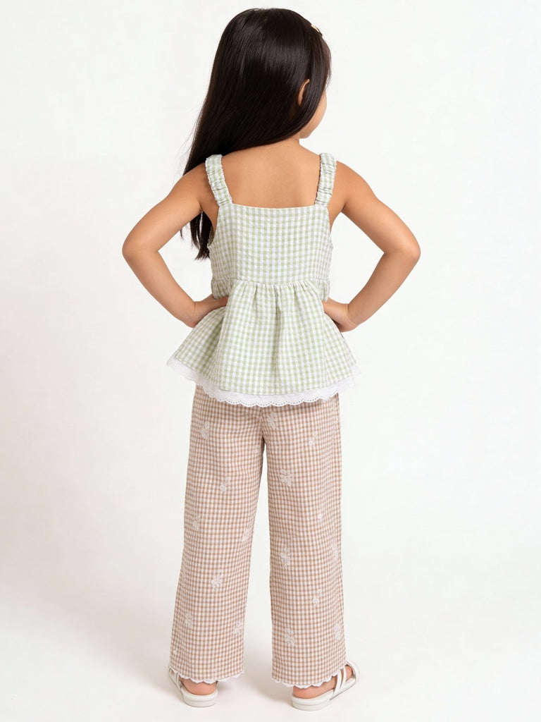 Hop Kids Girls Neutral Embroidered Gingham Check Wide-Leg Cotton Trousers