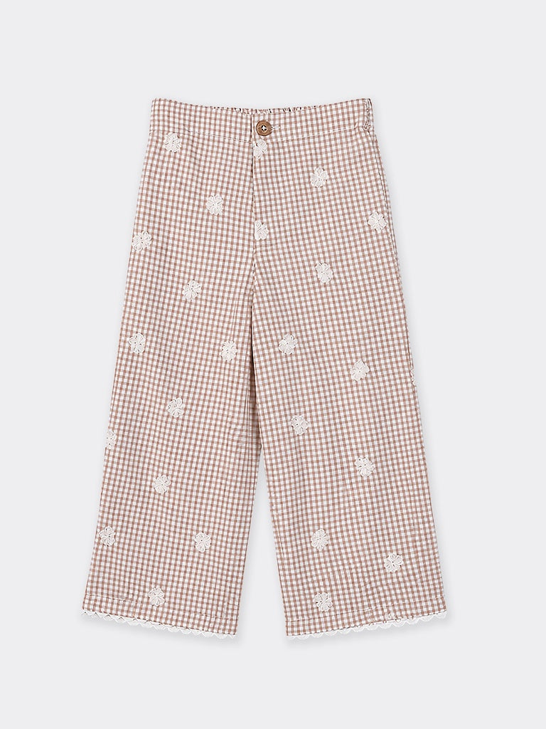 Hop Kids Girls Neutral Embroidered Gingham Check Wide-Leg Cotton Trousers