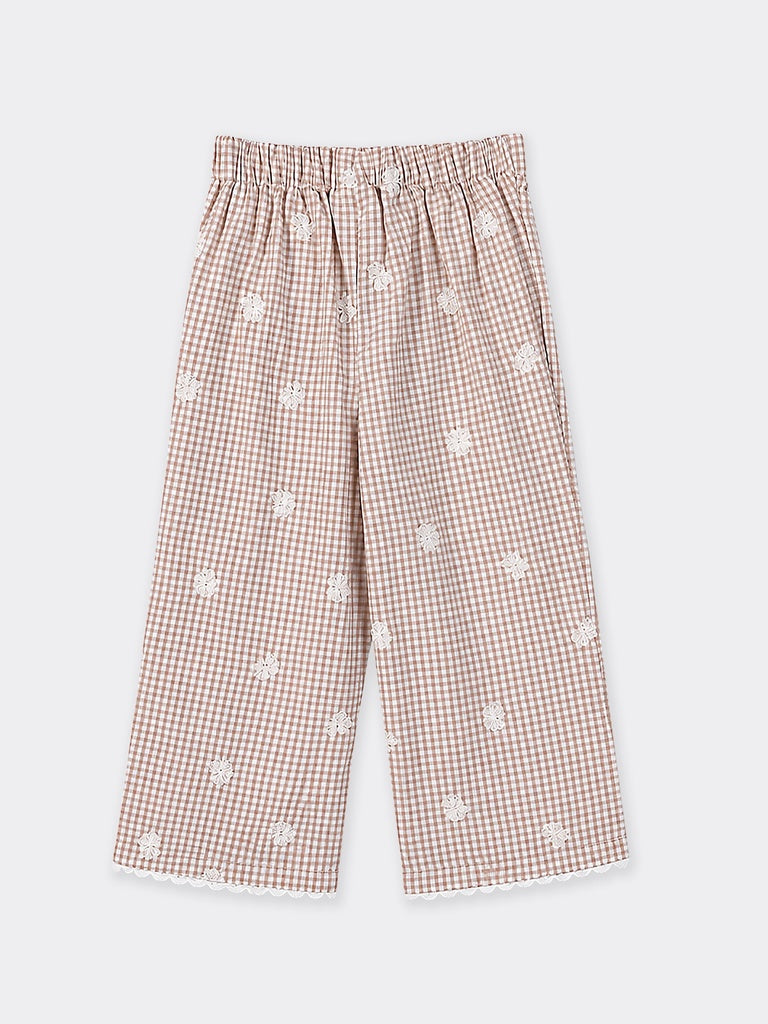 Hop Kids Girls Neutral Embroidered Gingham Check Wide-Leg Cotton Trousers