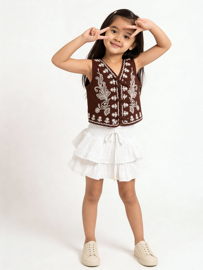 HOP Kids Girls Brown Floral Embroidered Dobby Cotton Waistcoat