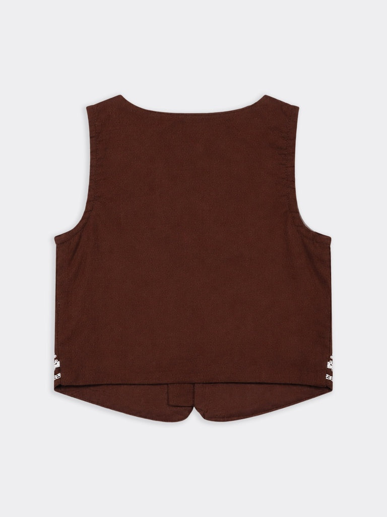 HOP Kids Girls Brown Floral Embroidered Dobby Cotton Waistcoat