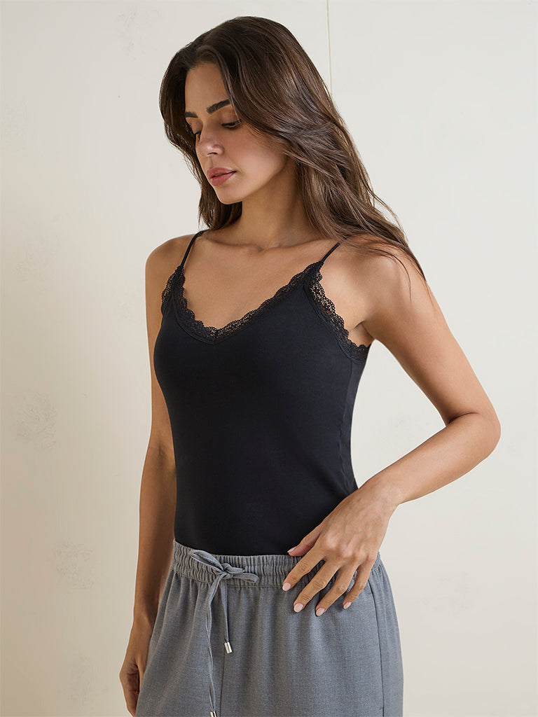 Wunderlove Black Lace Design Cotton-Blend Camisole