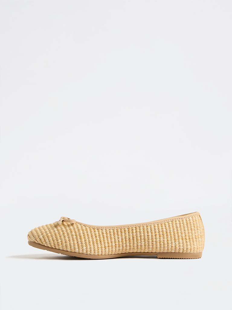 LUNA BLU Beige Bow-Detail Rafia Ballerinas