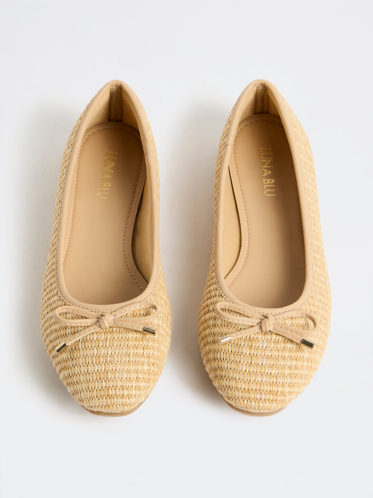 LUNA BLU Beige Bow-Detail Rafia Ballerinas