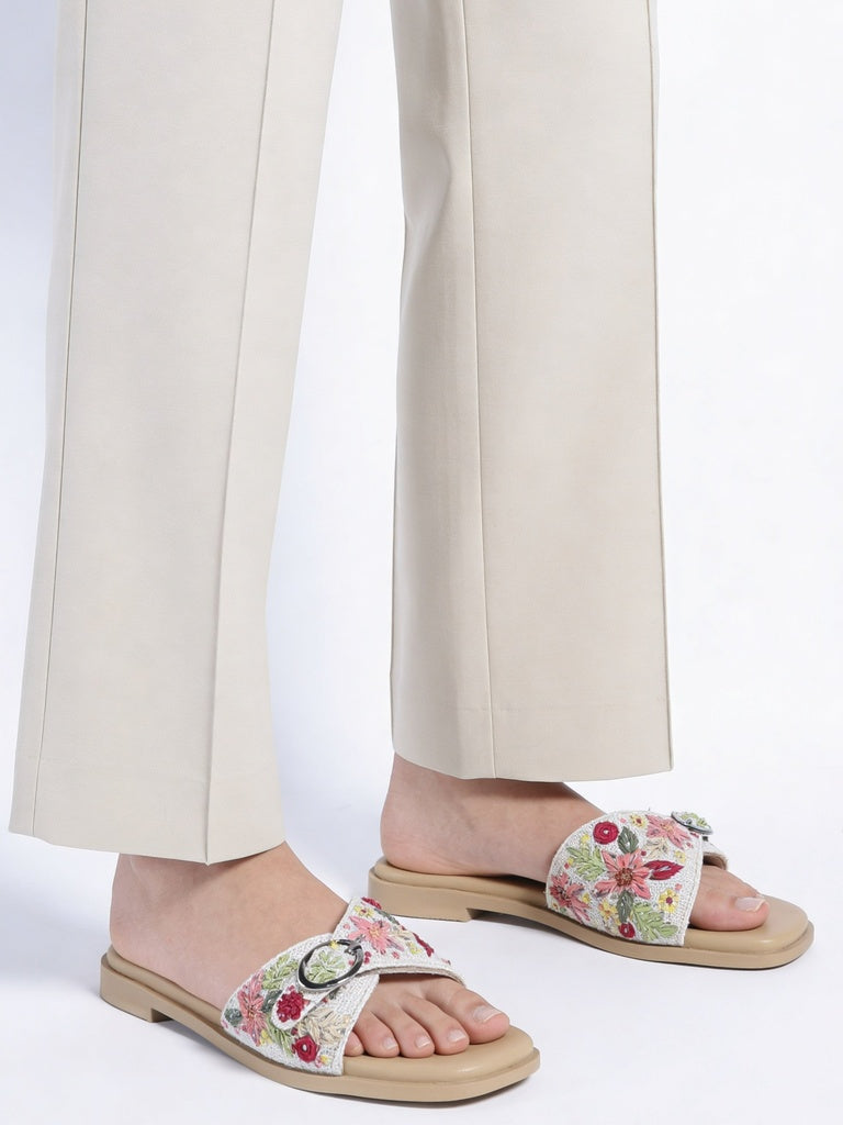 LUNA BLU Pink Floral Buckle Detailed Flat Sandals