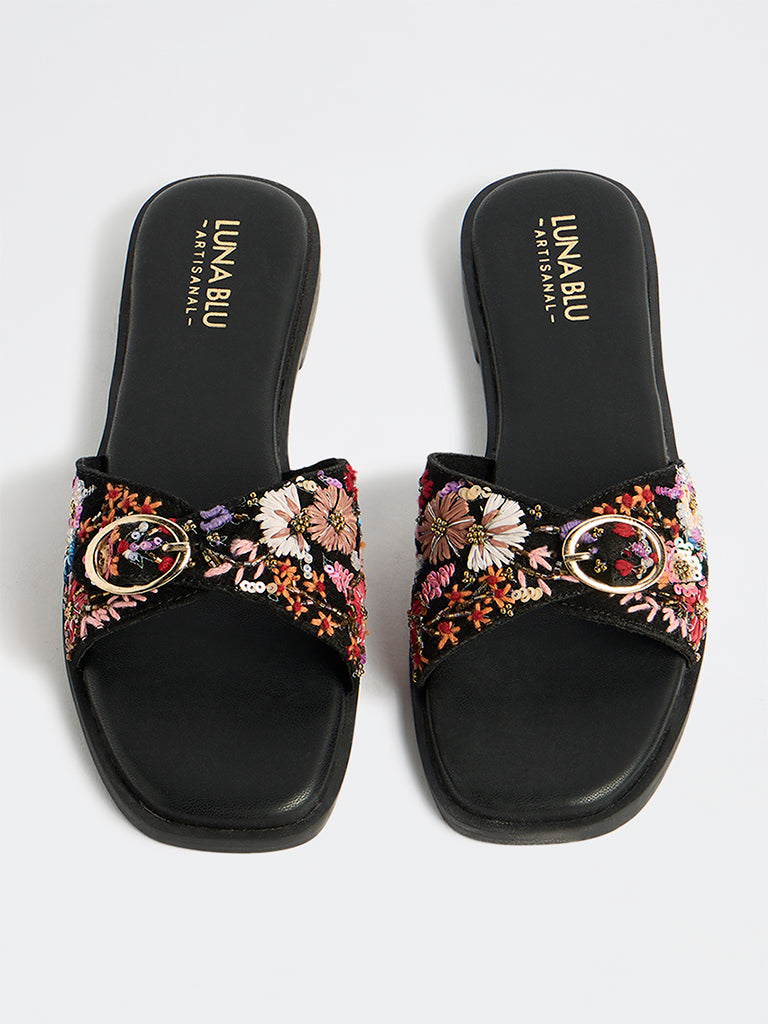 LUNA BLU Black Floral Embroidered Sandals