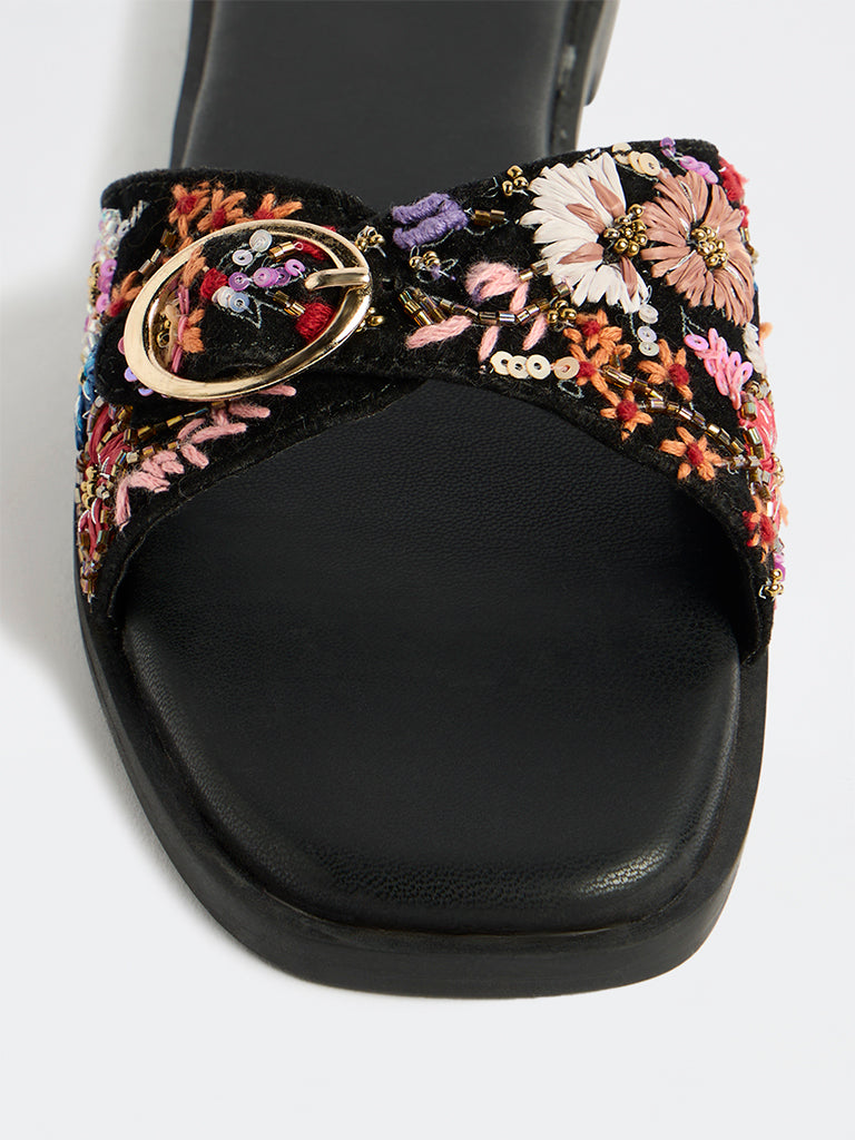 LUNA BLU Black Floral Embroidered Sandals