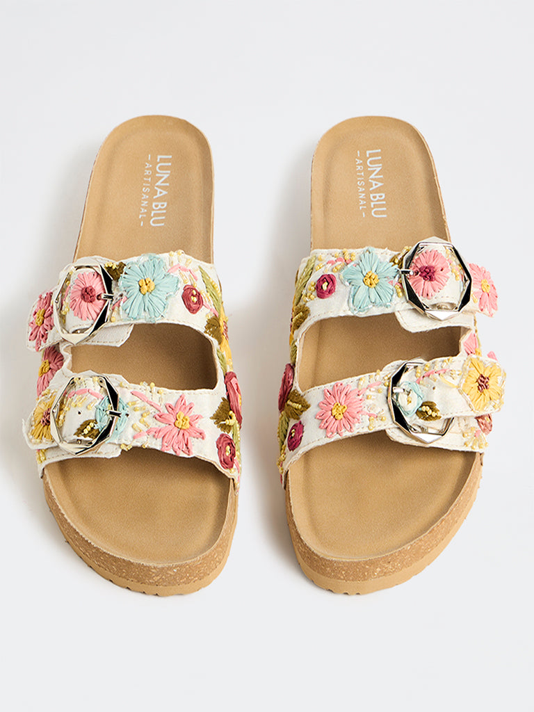 LUNA BLU Pink Floral Embroidered Sandals