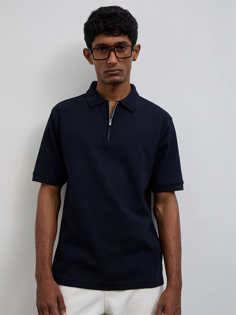 WES Casuals Navy Textured Relaxed-Fit Polo T-Shirt