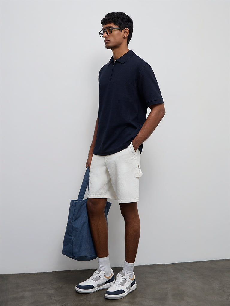 WES Casuals Navy Textured Relaxed-Fit Polo T-Shirt