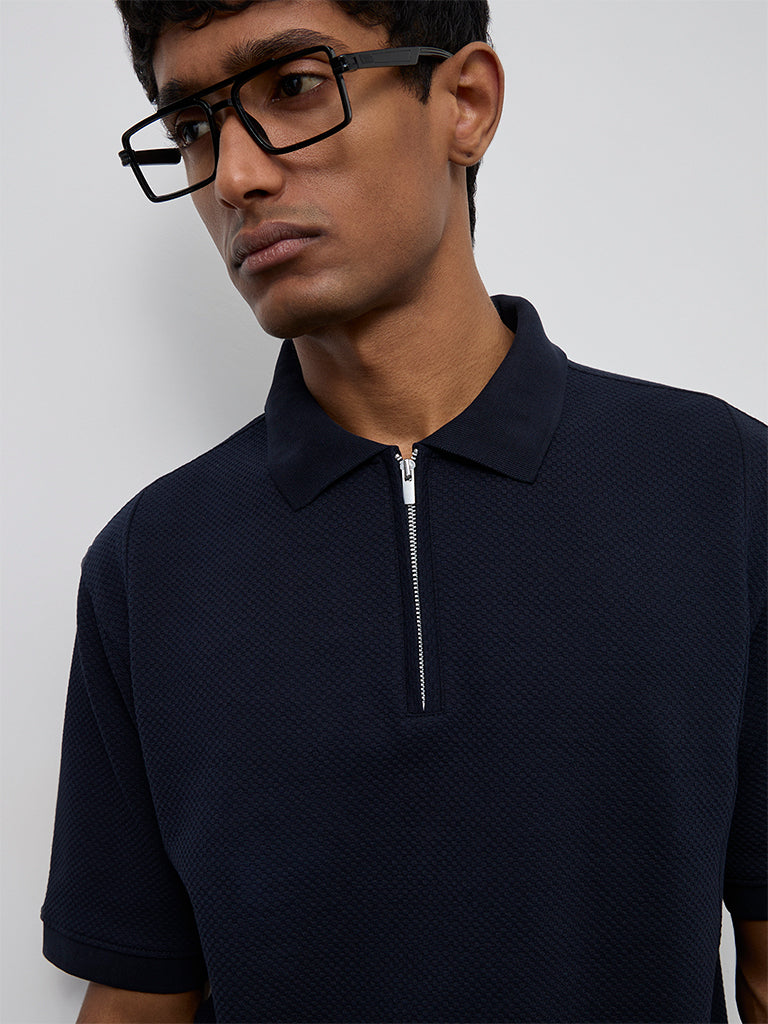 WES Casuals Navy Textured Relaxed-Fit Polo T-Shirt