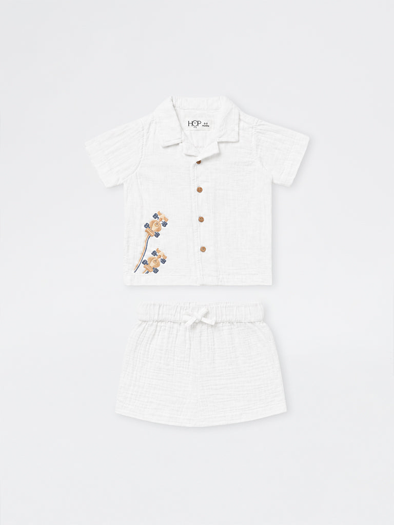 HOP Baby Boys White Embroidered Cotton Shirt and Shorts Set