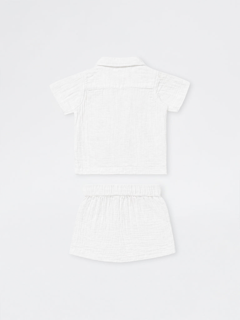 HOP Baby Boys White Embroidered Cotton Shirt and Shorts Set