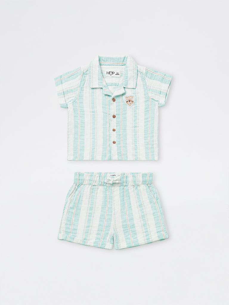 HOP Baby Boys Light Blue Striped Cotton Shirt and Shorts Set