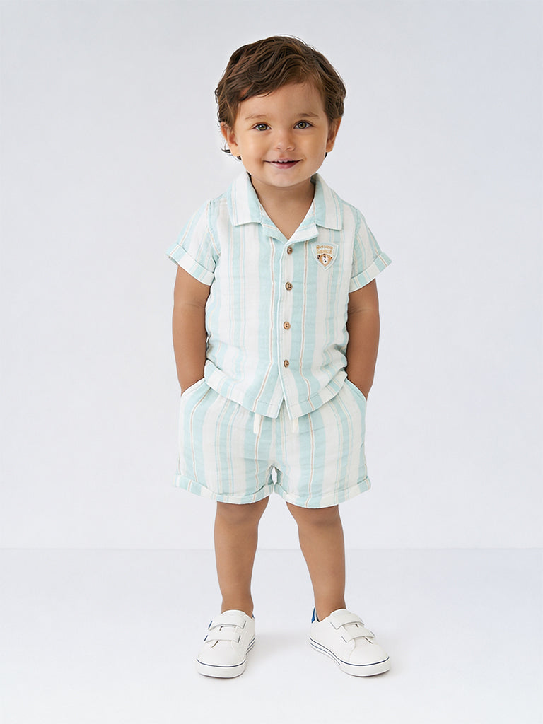 HOP Baby Boys Light Blue Striped Cotton Shirt and Shorts Set