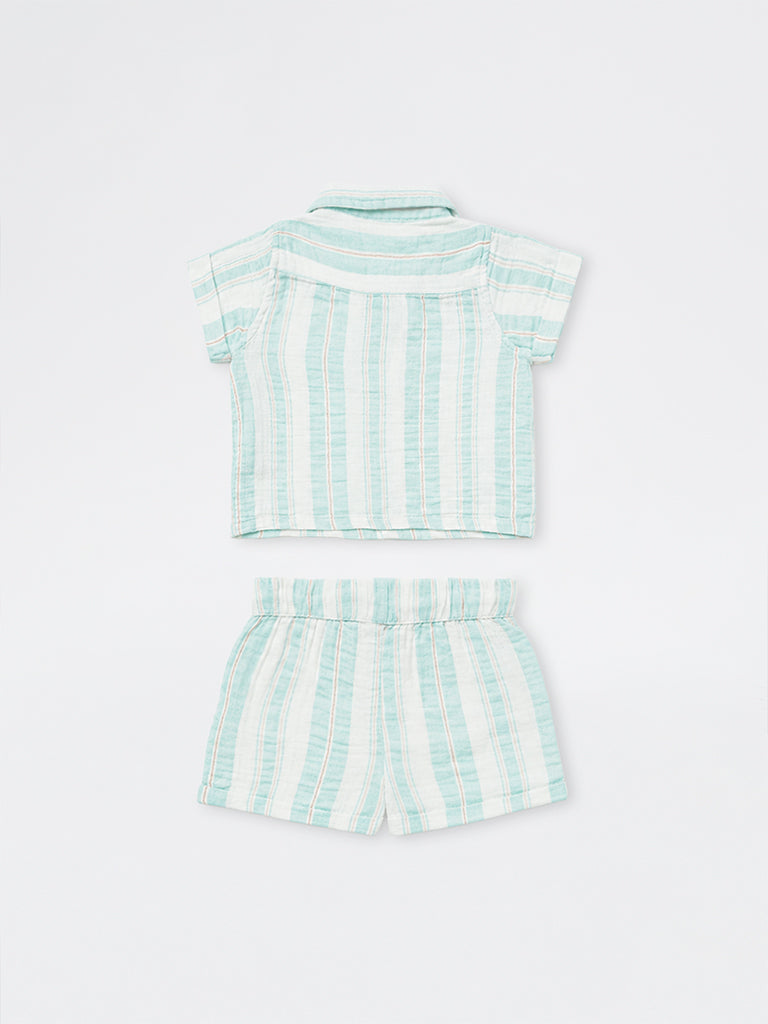 HOP Baby Boys Light Blue Striped Cotton Shirt and Shorts Set