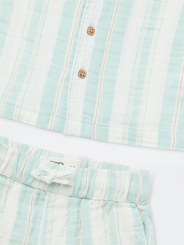 HOP Baby Boys Light Blue Striped Cotton Shirt and Shorts Set