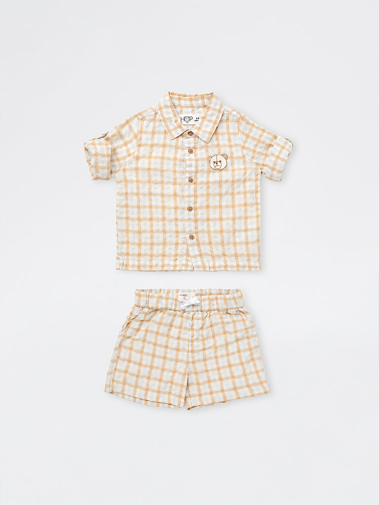 HOP Baby Boys Peach Checkered Cotton Shirt and Shorts Set