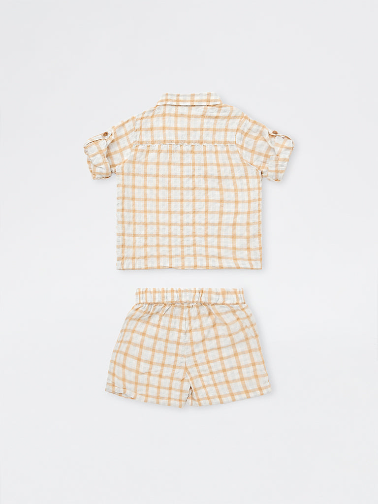 HOP Baby Boys Peach Checkered Cotton Shirt and Shorts Set