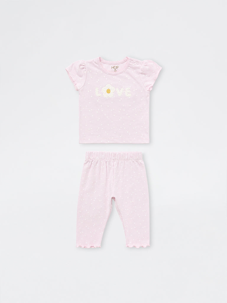 HOP Baby Girls Pink Floral Printed Cotton T-Shirt and Pants Set