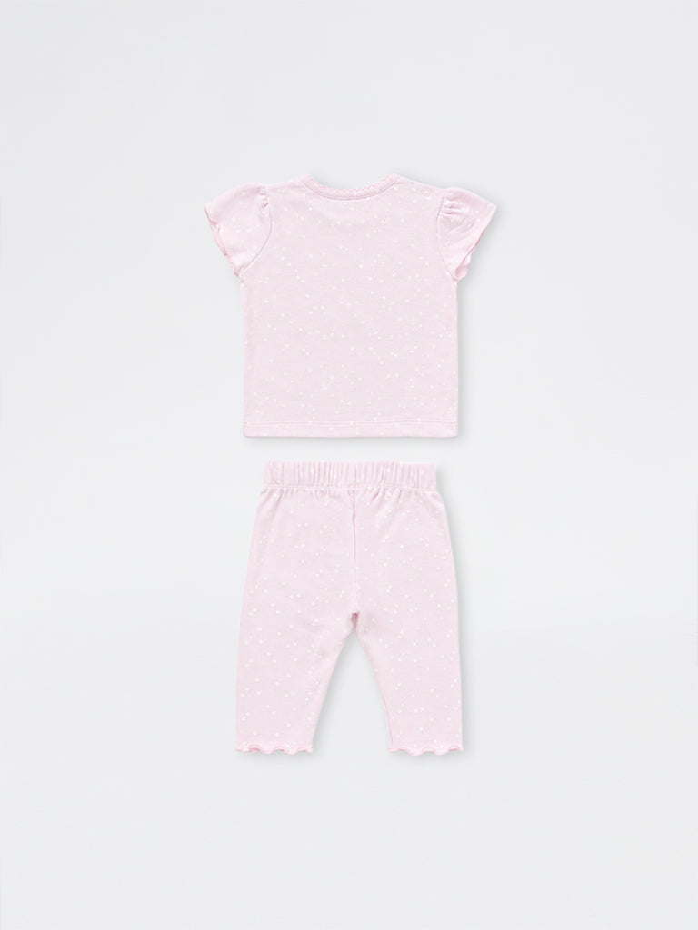 HOP Baby Girls Pink Floral Printed Cotton T-Shirt and Pants Set