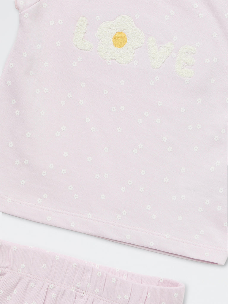 HOP Baby Girls Pink Floral Printed Cotton T-Shirt and Pants Set
