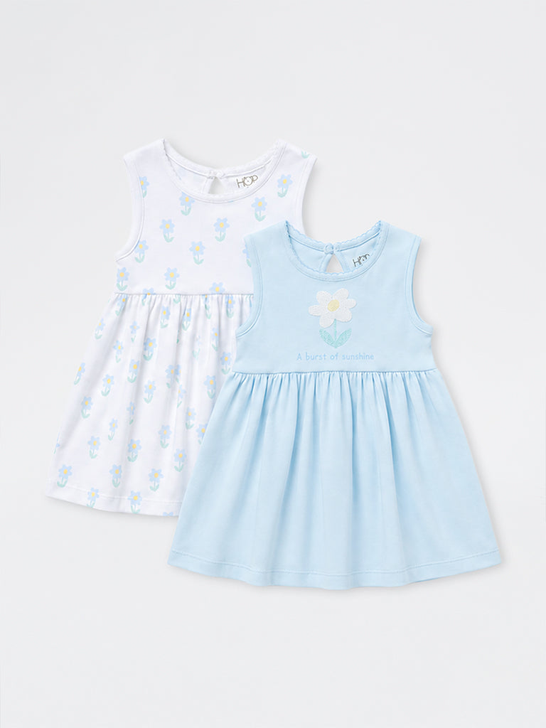 HOP Baby Girls Multicolour Floral Printed Cotton A-Line Dress - Pack of 2
