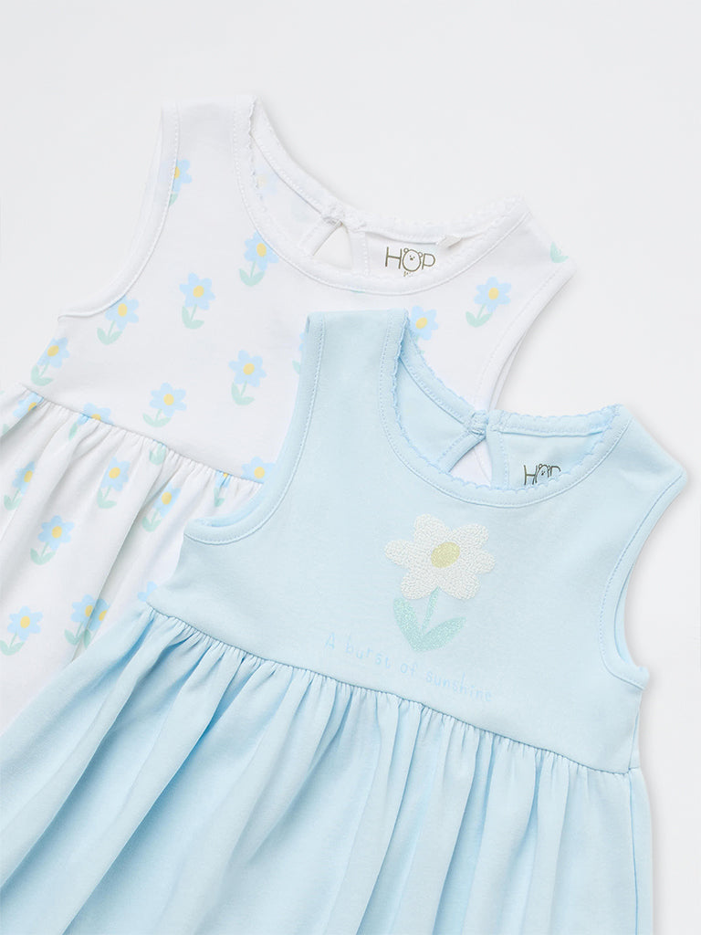 HOP Baby Girls Multicolour Floral Printed Cotton A-Line Dress - Pack of 2