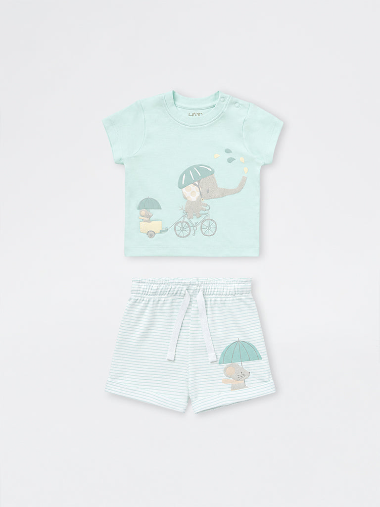 HOP Baby Boys Mint Animal Printed Cotton T-Shirt and Shorts Set