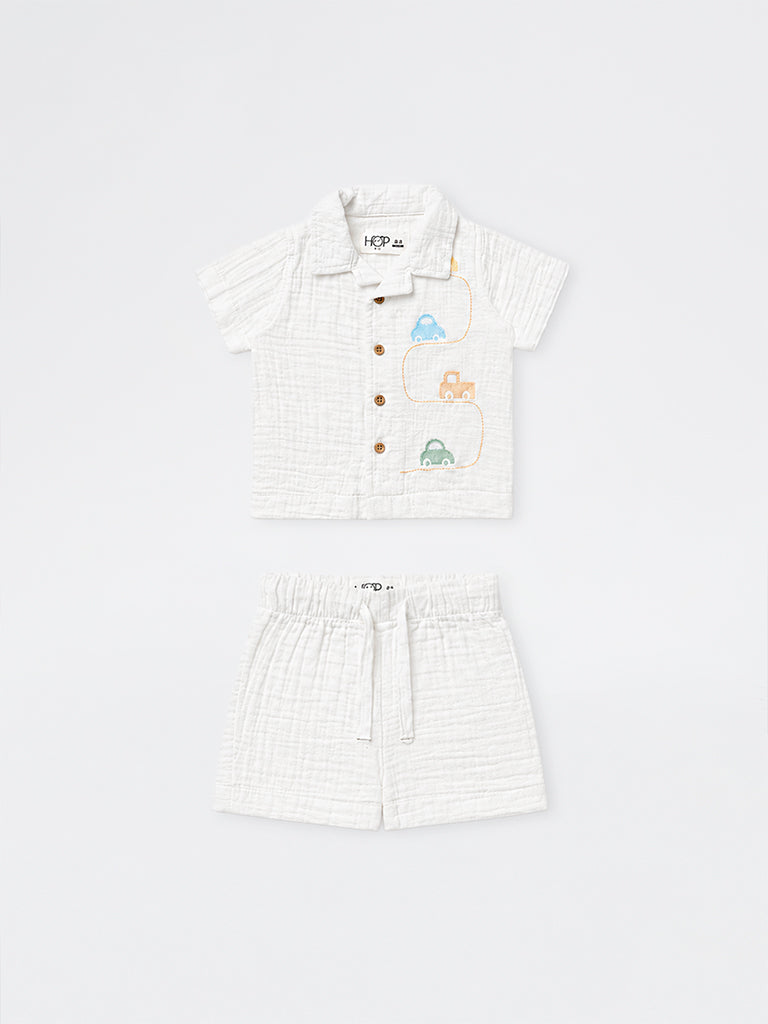HOP Baby Boys White Embroidered Cotton Shirt and Shorts Sets