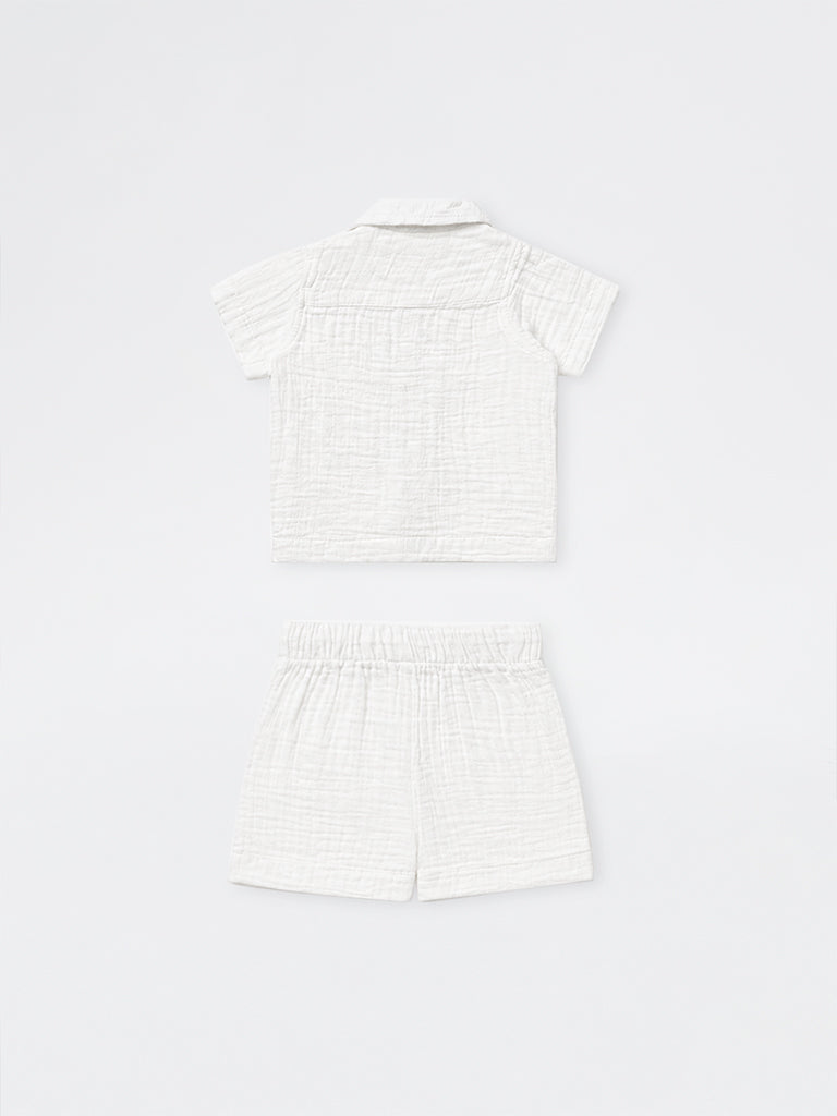 HOP Baby Boys White Embroidered Cotton Shirt and Shorts Sets