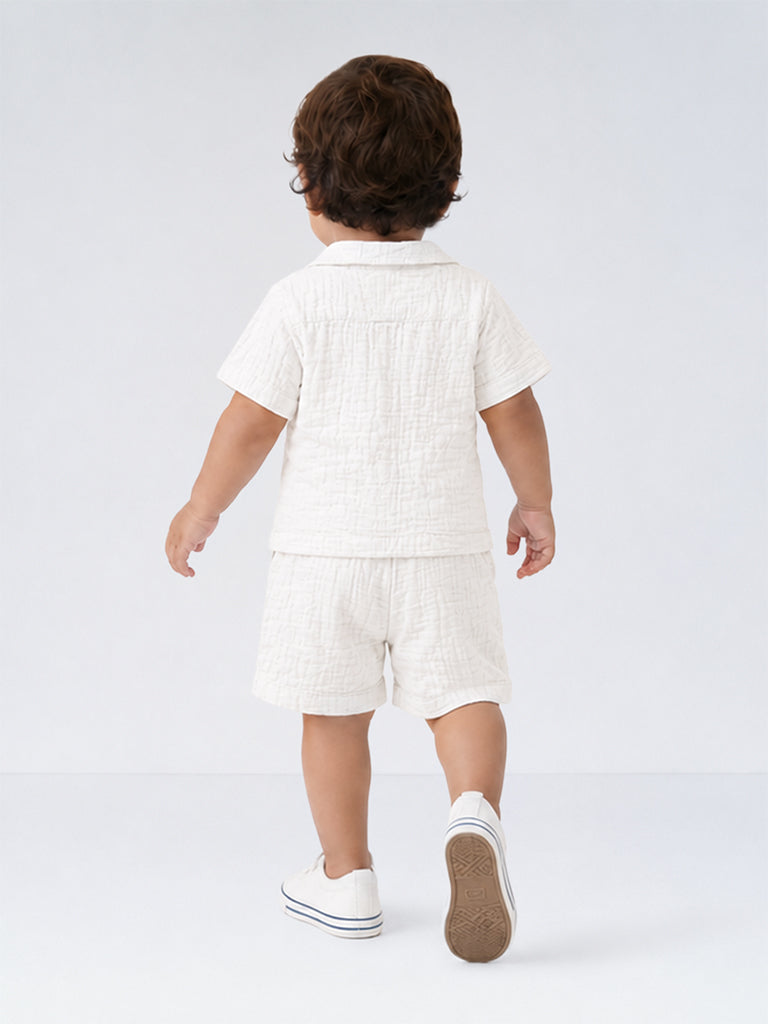 HOP Baby Boys White Embroidered Cotton Shirt and Shorts Sets