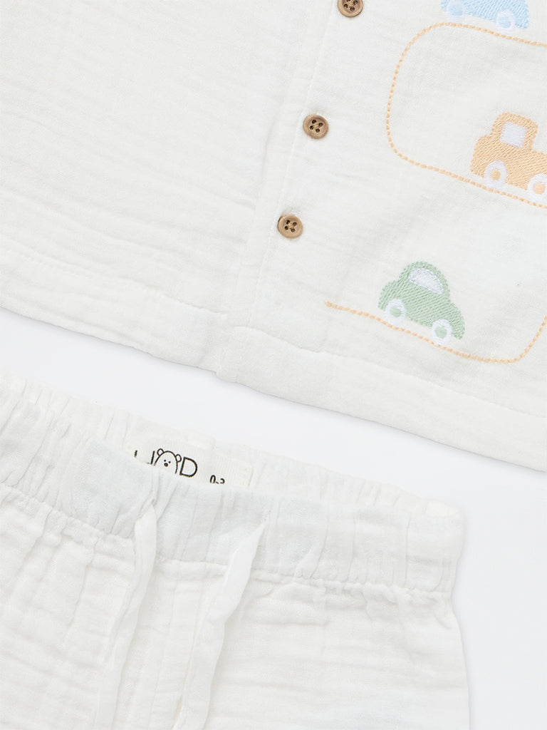 HOP Baby Boys White Embroidered Cotton Shirt and Shorts Sets