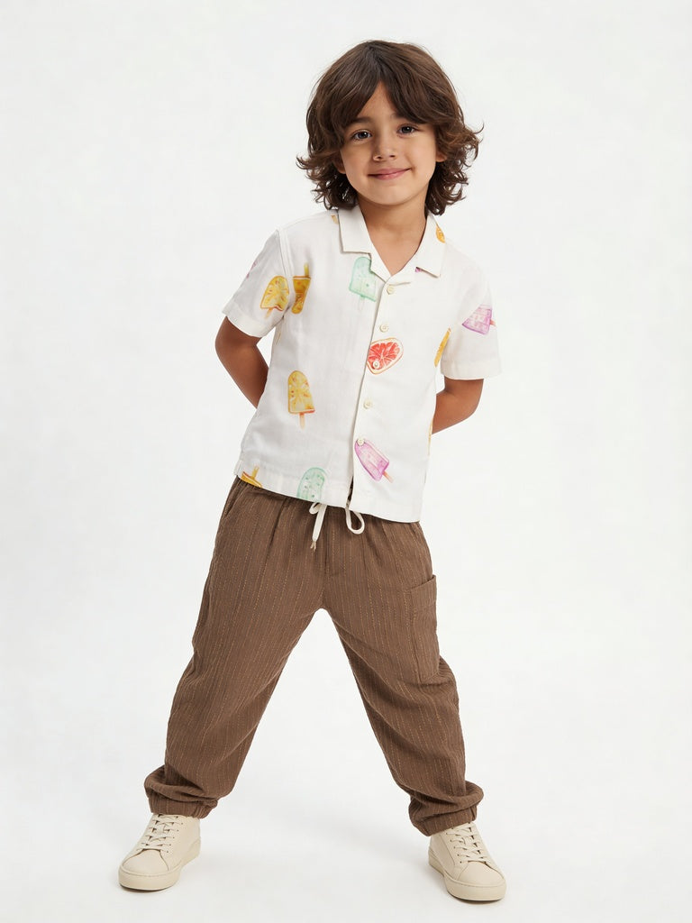 HOP Kids Boys Taupe Textured Dobby Cotton Trousers