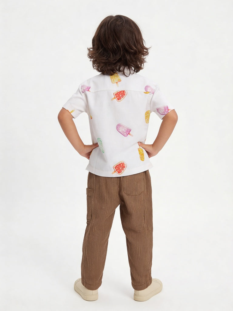 HOP Kids Boys Taupe Textured Dobby Cotton Trousers