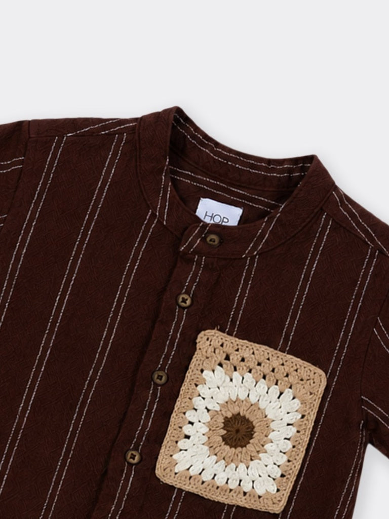 HOP Kids Boys Brown Crochet Pocket Striped Cotton Shirt