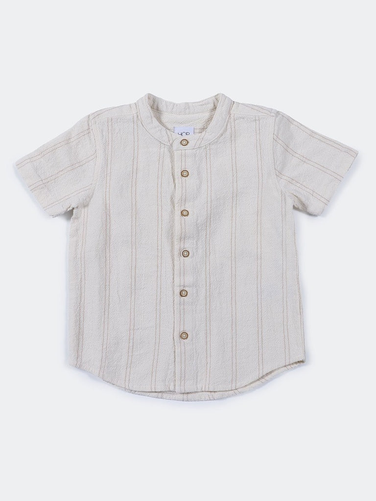 HOP Kids Boys Beige Oatmeal Melange Striped Cotton Shirt