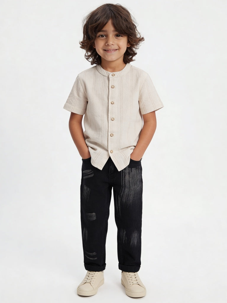 HOP Kids Boys Beige Oatmeal Melange Striped Cotton Shirt