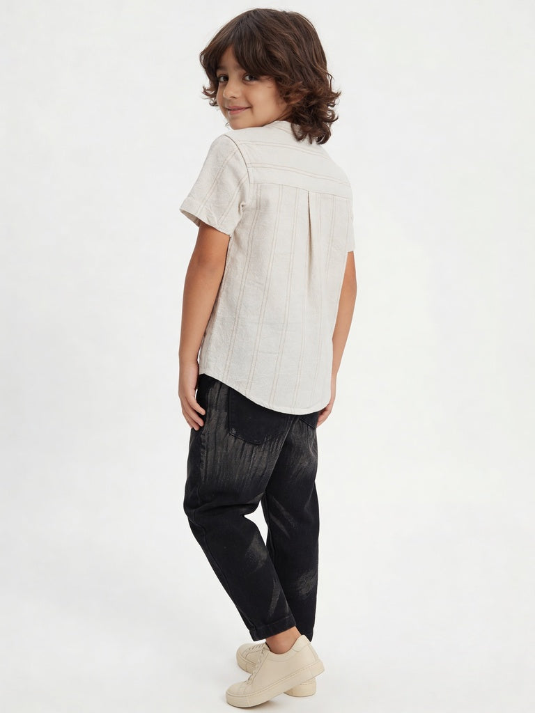 HOP Kids Boys Beige Oatmeal Melange Striped Cotton Shirt