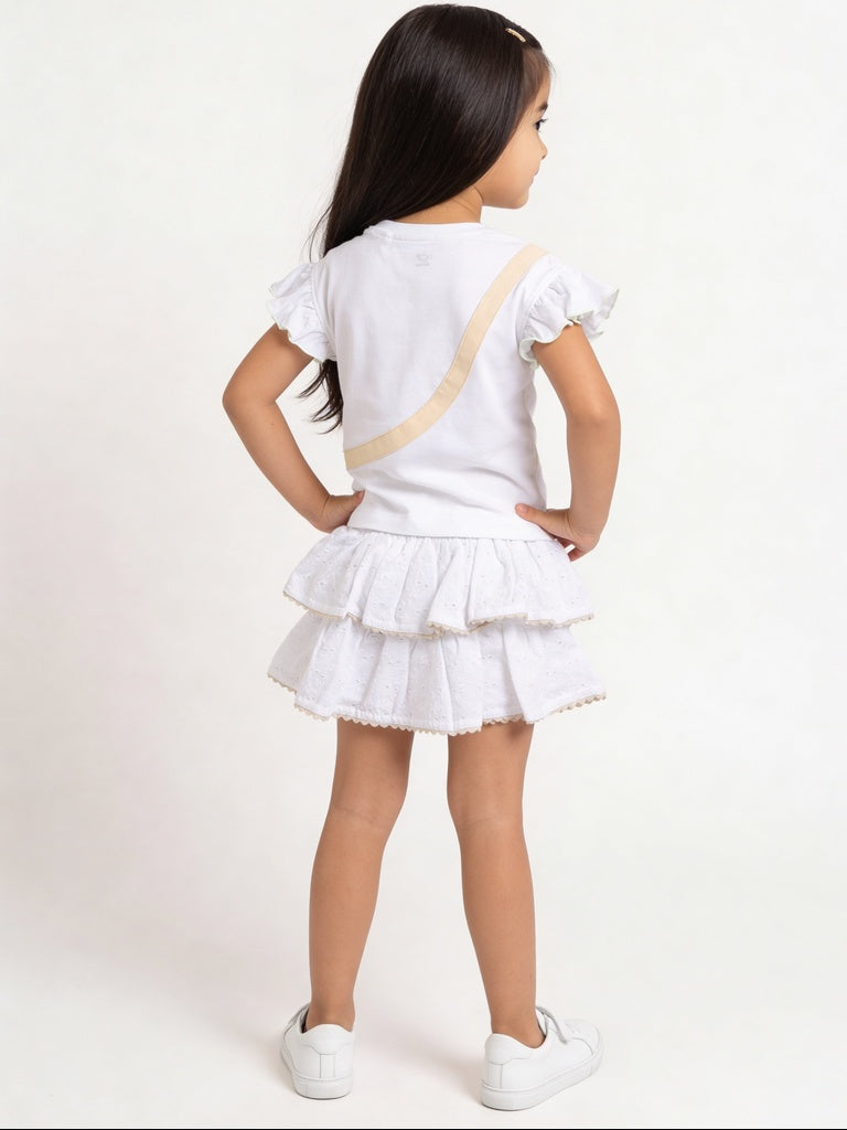Hop Kids Girls Off-White Eyelet Embroidered Tiered Flared Cotton-Blend Skirt