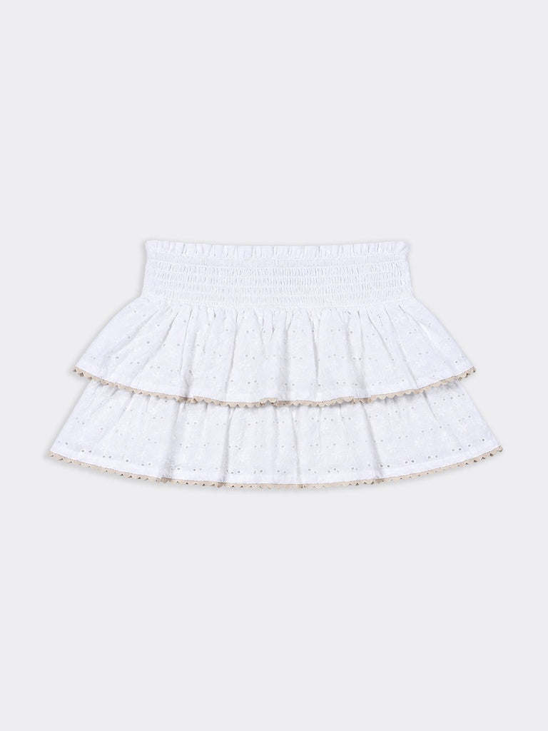 Hop Kids Girls Off-White Eyelet Embroidered Tiered Flared Cotton-Blend Skirt