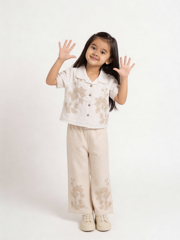 HOP Kids Girls Ecru Dobby Textured Wide Leg Cotton Trousers