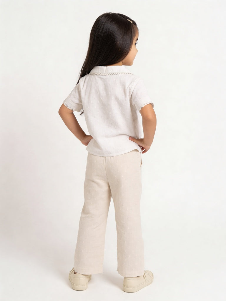 HOP Kids Girls Ecru Dobby Textured Wide Leg Cotton Trousers